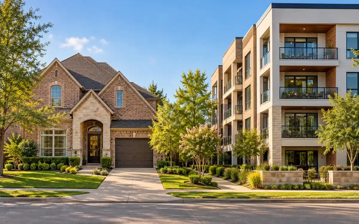 Brick detached home beside a modern condominium building, illustrating condo and homeowners insurance.