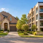 Brick detached home beside a modern condominium building, illustrating condo and homeowners insurance.