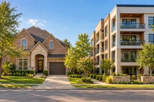 Brick detached home beside a modern condominium building, illustrating condo and homeowners insurance.