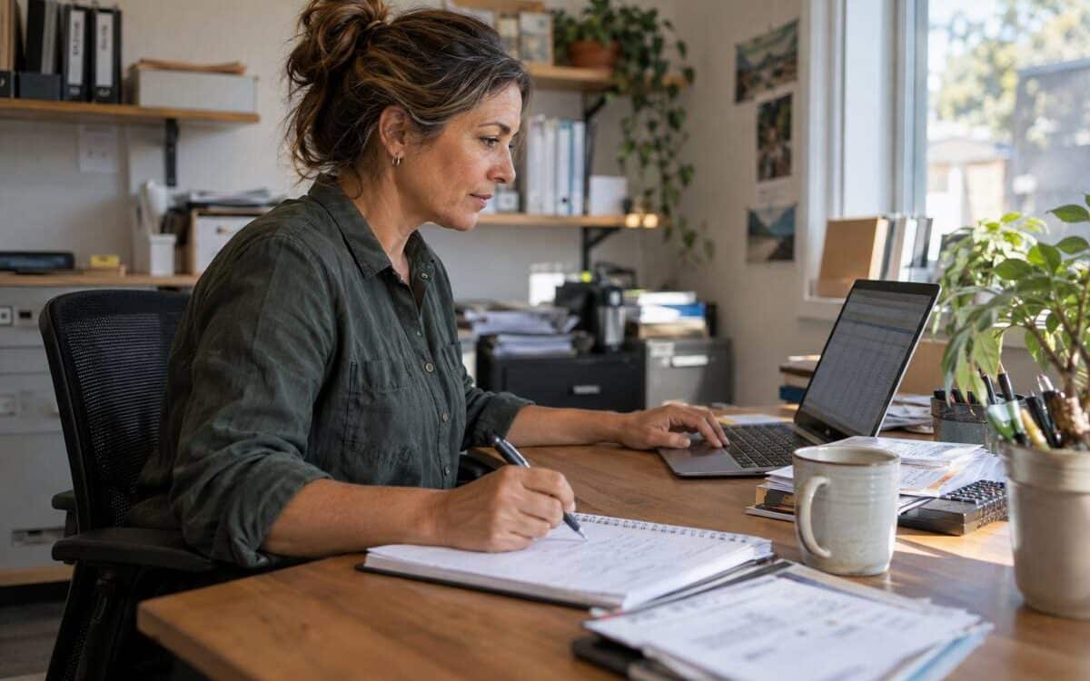 Small business owner working at a laptop, illustrating the need for cyber liability insurance