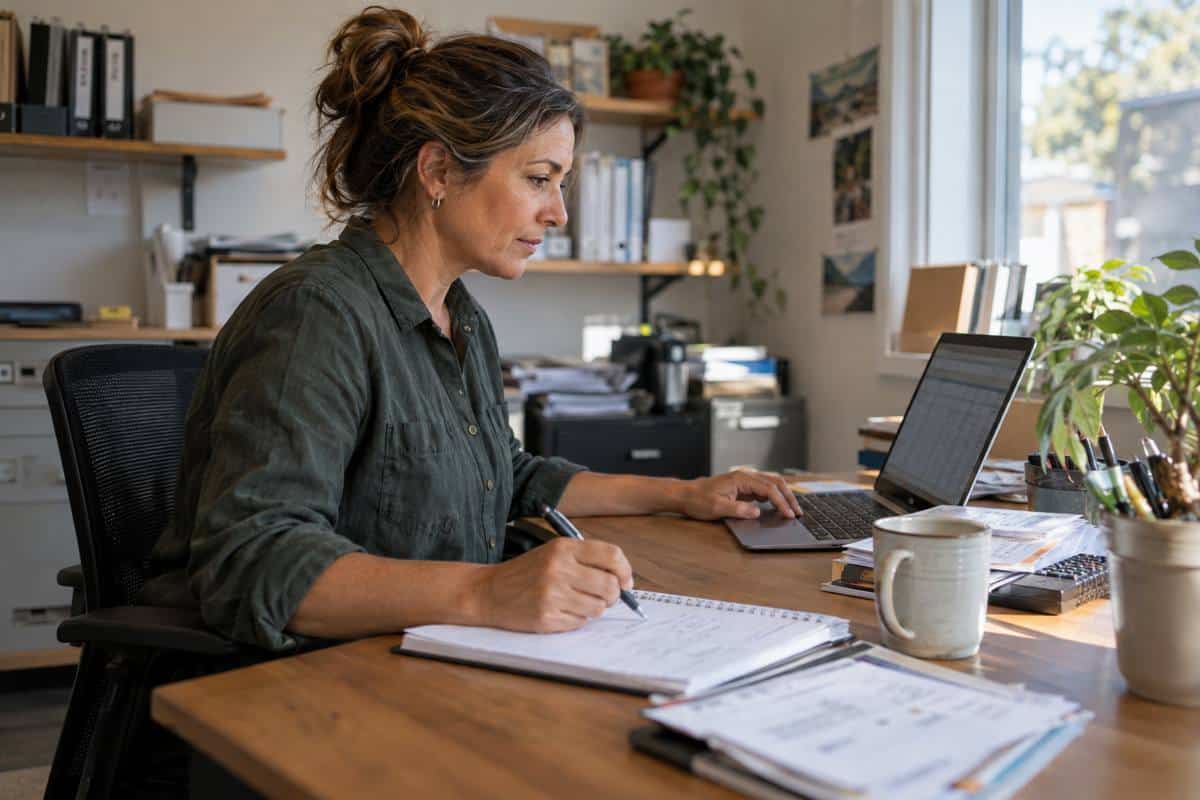 Small business owner working at a laptop, illustrating the need for cyber liability insurance