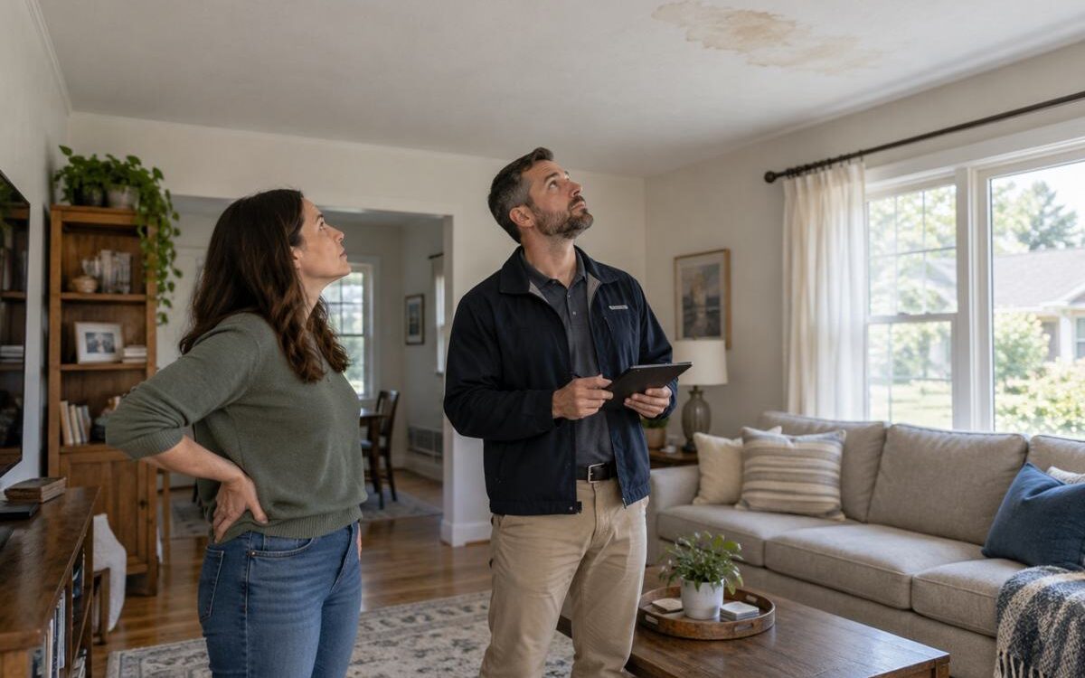 Homeowner and insurance adjuster inspecting ceiling damage during a home insurance claims inspection.