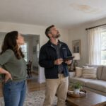 Homeowner and insurance adjuster inspecting ceiling damage during a home insurance claims inspection.