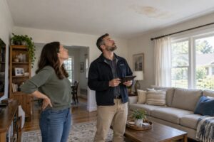 Homeowner and insurance adjuster inspecting ceiling damage during a home insurance claims inspection.