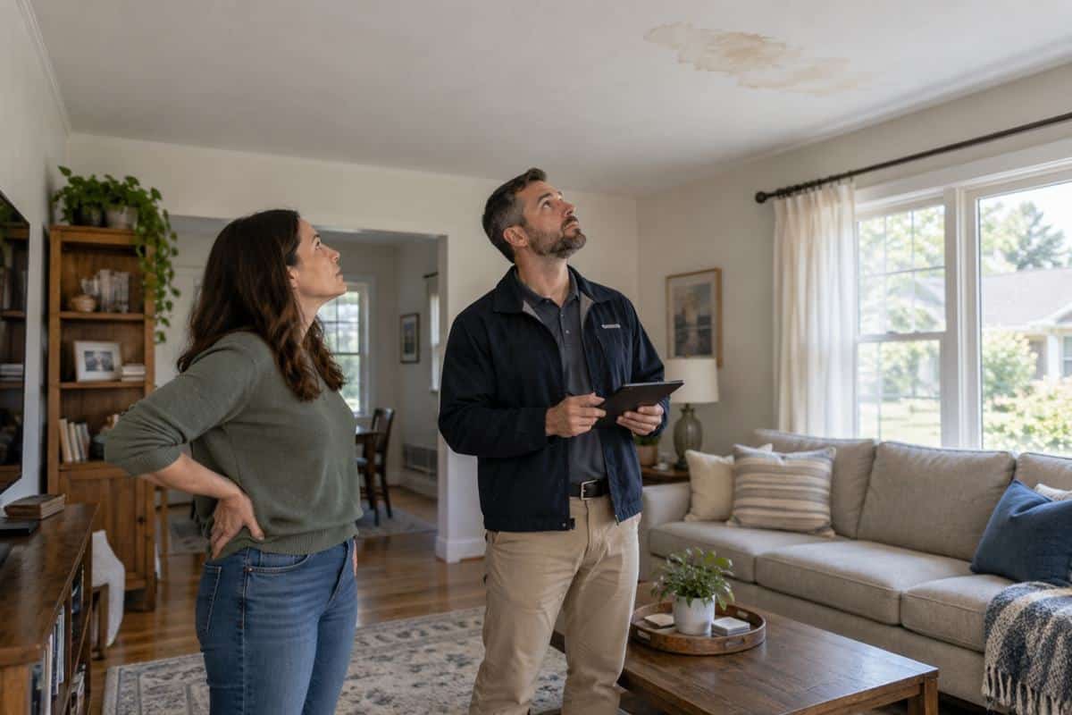 Homeowner and insurance adjuster inspecting ceiling damage during a home insurance claims inspection.