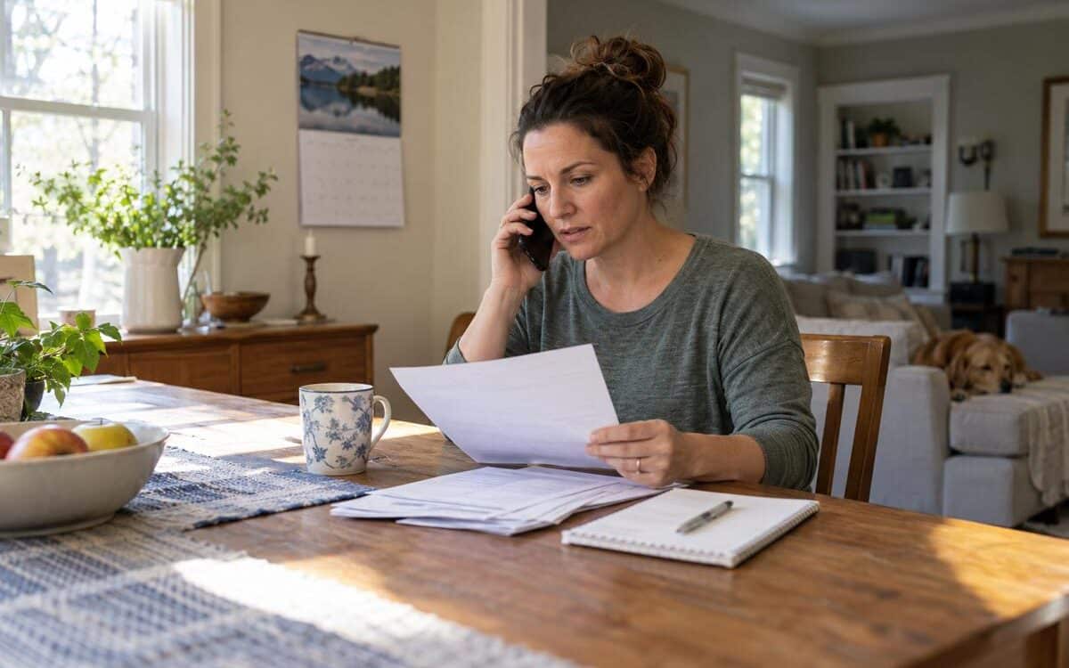 Homeowner reviewing paperwork and calling her insurer about a homeowners insurance claim timeline.