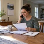 Homeowner reviewing paperwork and calling her insurer about a homeowners insurance claim timeline.