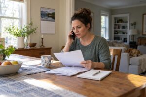 Homeowner reviewing paperwork and calling her insurer about a homeowners insurance claim timeline.