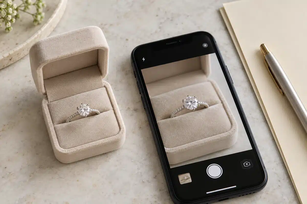 Diamond ring beside a smartphone photo for jewelry insurance documentation
