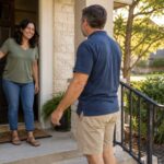 Homeowner welcoming a guest onto a front porch, illustrating personal liability insurance.