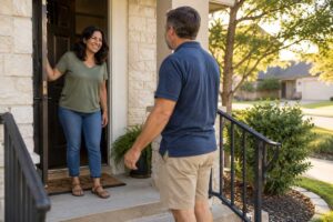 Homeowner welcoming a guest onto a front porch, illustrating personal liability insurance.