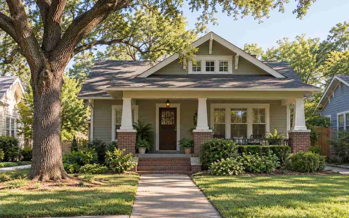 Well-maintained Craftsman bungalow with a covered porch and shingled roof, illustrating older home insurance.
