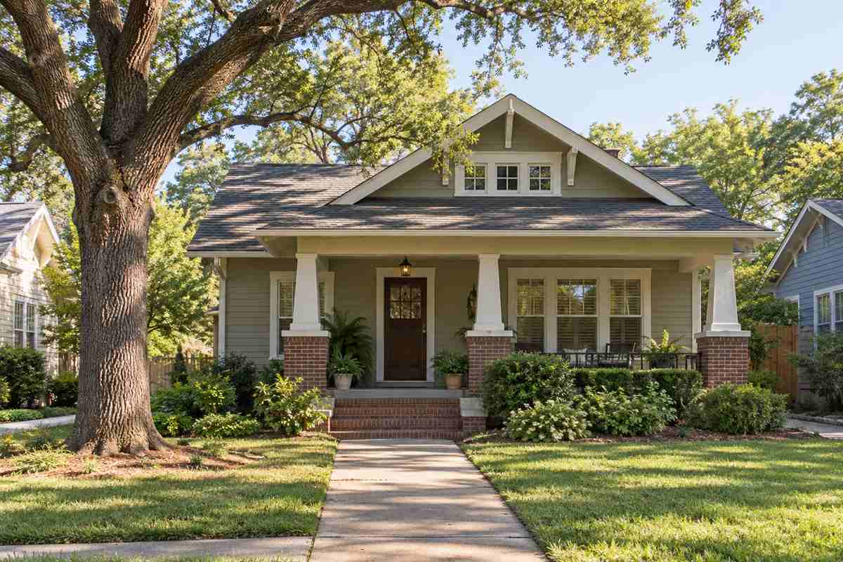 Well-maintained Craftsman bungalow with a covered porch and shingled roof, illustrating older home insurance.