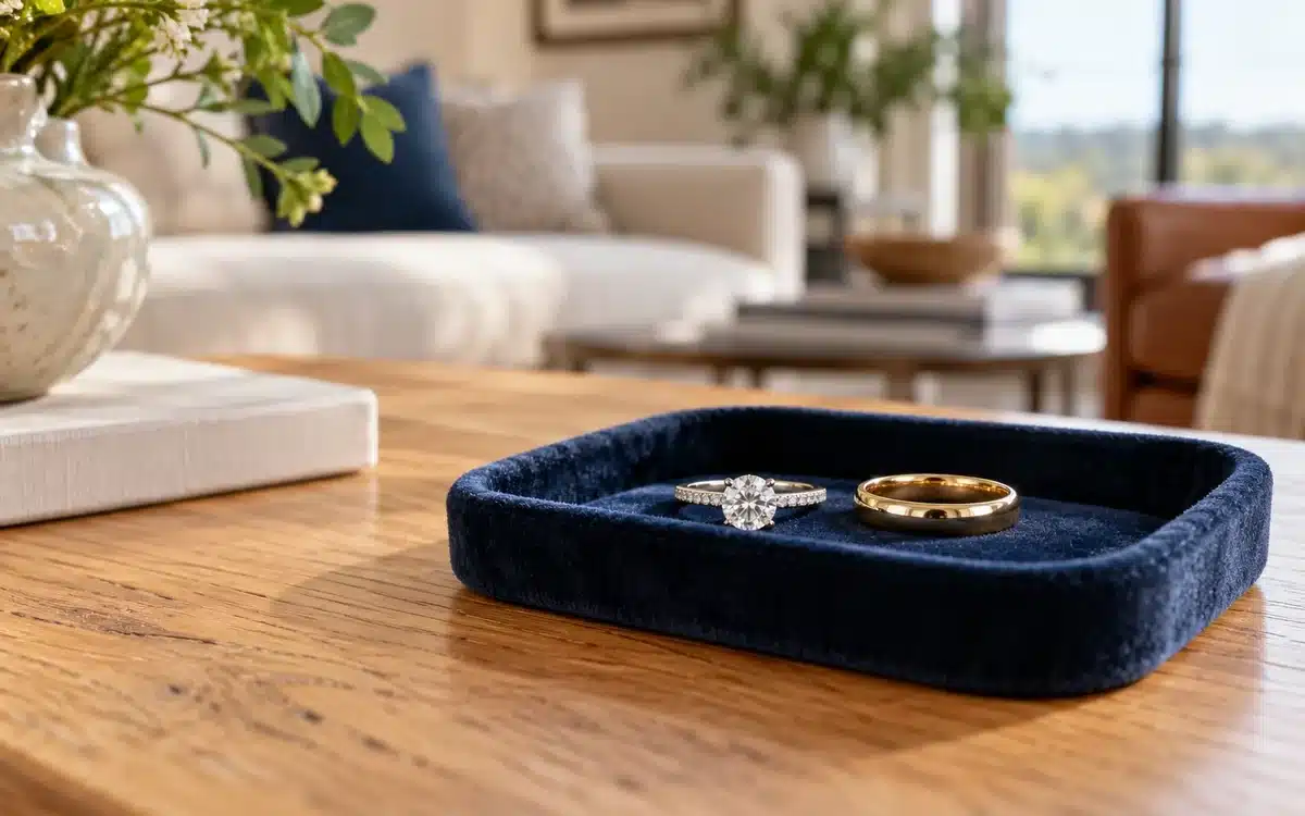 Diamond engagement ring and gold wedding band on a navy tray at home