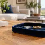 Diamond engagement ring and gold wedding band on a navy tray at home
