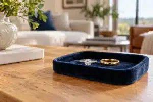 Diamond engagement ring and gold wedding band on a navy tray at home