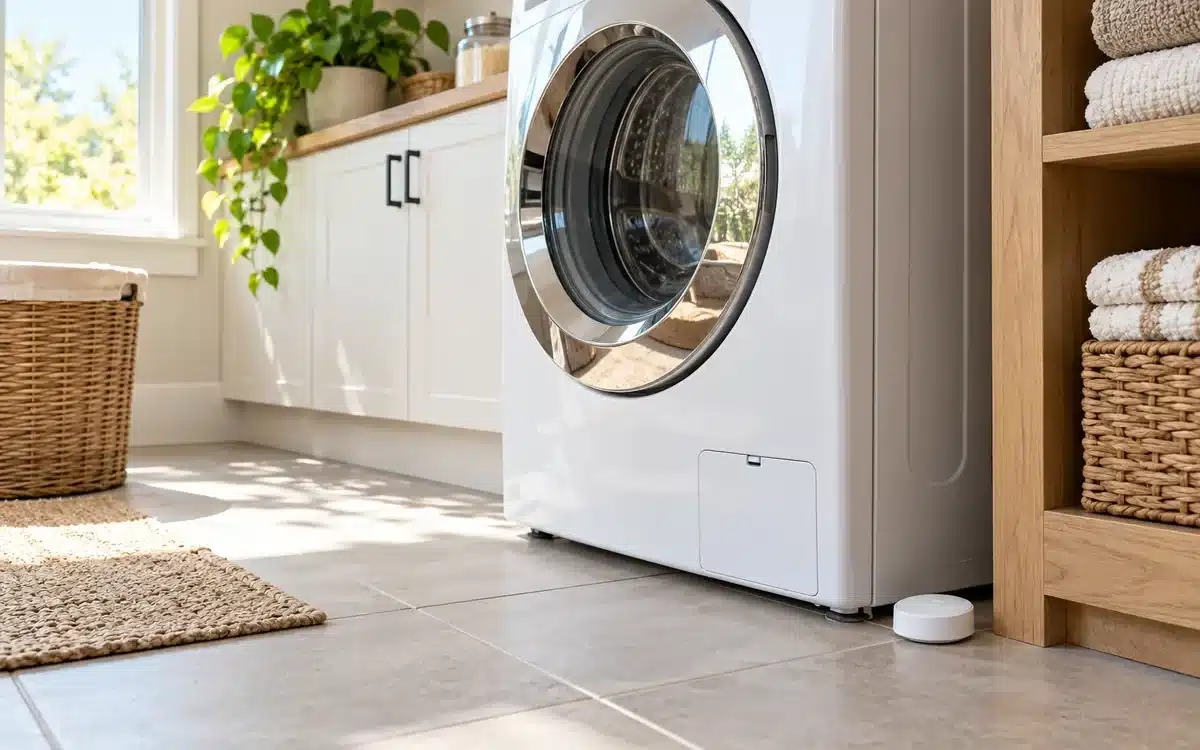 Water leak detector on a tile floor beside a washing machine in a bright laundry room