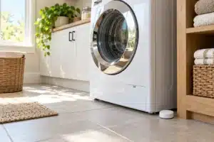 Water leak detector on a tile floor beside a washing machine in a bright laundry room