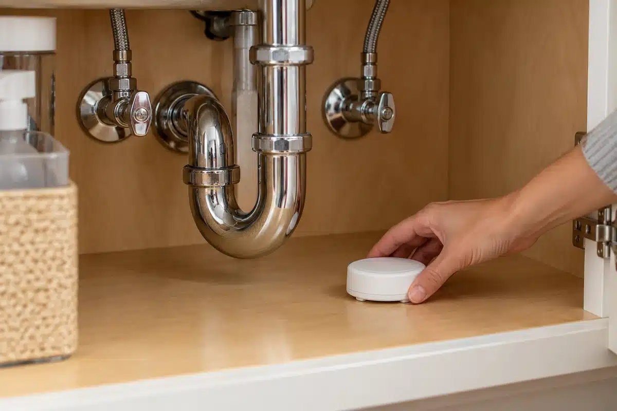 Homeowner placing a water leak detector on the dry cabinet floor beneath kitchen sink plumbing