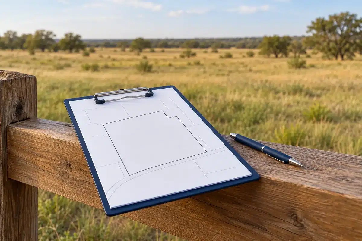 Vacant land liability insurance review with a parcel map beside undeveloped Texas land